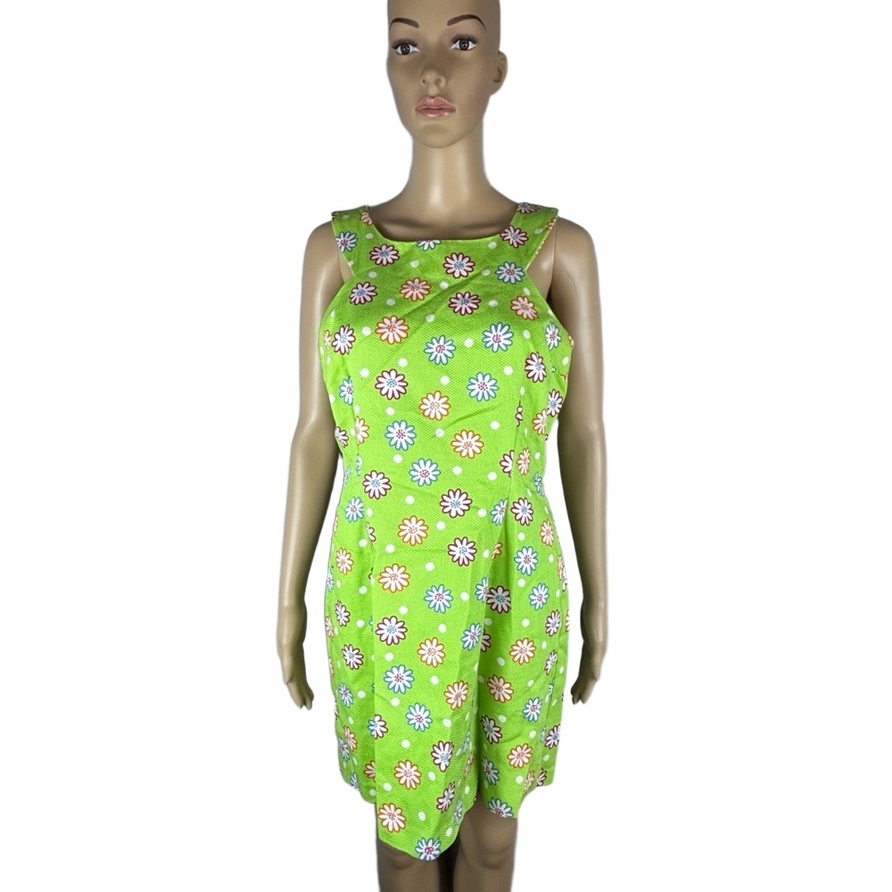 Womens Lime Green Floral Polka Dot Sleeveless Square Neck Playful Dress